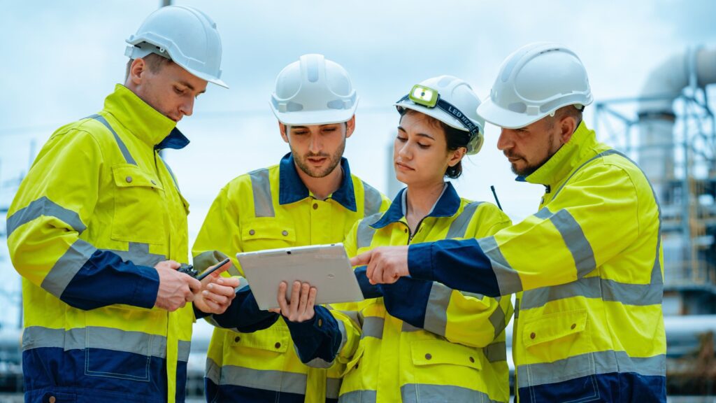 Clean tech employees collaborating in a modern renewable energy workplace.
